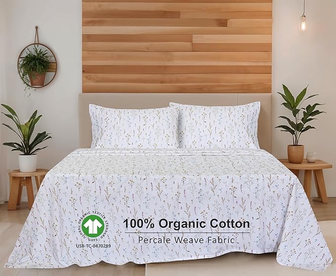 RUVANTI 100% Organic Cotton Sheets Twin XL, Percale Weave, GOTS Certified, 3-Piece Set, Deep Pocket 15", Crisp & Breathable, Soft Durable Bedding, Sábanas Algodón Orgánico – Field Flower