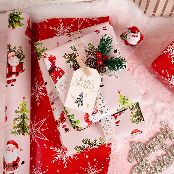 MAYPLUSS Christmas Wrapping Paper Roll - 17 Inch X 33 Feet - Cute Santa Claus Christmas Tree Reversible Strip Gift Wrapping Paper, Thick Wrap Paper for Holiday Party New Year Kids
