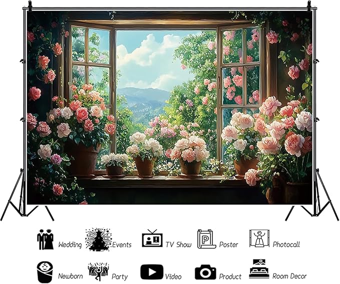Baocicco 15x10ft Flowers Windowsill Photography Background Spring Floral Retro Oil Painting Photo Backdrop for Valentines Mothers Day Birthday Wedding Party Decorations Girls Women Portraits
