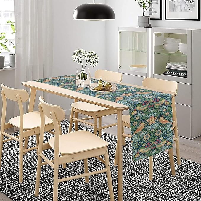 William Morris Floral Table Runner, Vintage Green Flowers Botanical Printed Table Runner for Home Kitchen Dining Table Decoration,13x90 Inch