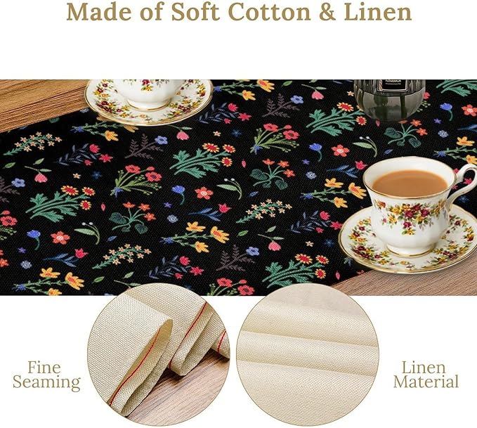 Retro Floral Table Runner, Colorful Bohemian Wildflower Flowers Blooms Vintage Table Runner for Kitchen Dining Party Home Decor, 13x70 Inch