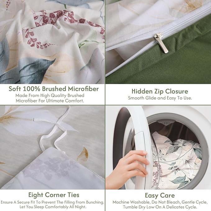 LONAVA Queen Botaincal 3 Pcs Duvet Cover Set, Breathable Soft Microfiber Forest Green Lining Comforter Cover with Zipper Closure, and 2 Anti-Pilling, Fade Resistant Pillowcases, Lavender
