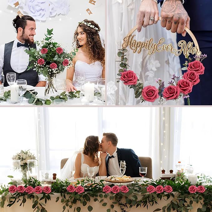 200PCS Artificial Flowers Burgundy Roses Real Looking Foam Fake Roses with Leaves and for DIY Wedding Bouquets Bridal Shower Centerpieces Party Decorations (Burgundy, 200)