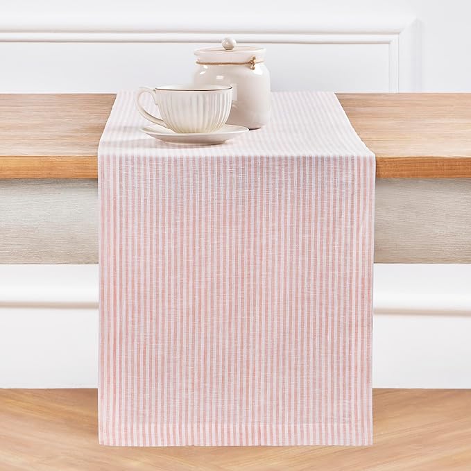 Solino Home Linen Table Runner 48 Inches - Narrow Stripe 100% Pure Linen Peach and White Farmhouse Table Runner 14 x 48 Inch Ideal for Dresser and Coffee Tables, Valentines, Spring, Easter