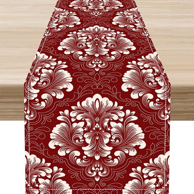 Vintage Damask Table Runner, Red Classical Luxury Old Fashioned Damask Royal Victorian Flora Print Table Center Decor for Family Kitchen Table Decorations Indoor Outdoor 13x36 inch
