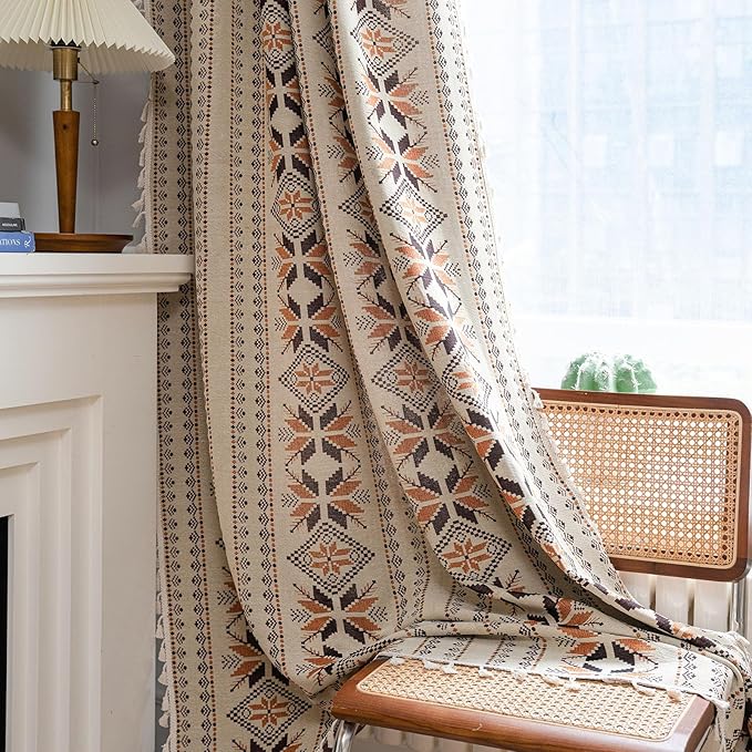 Boho Curtains 96 Inch Length 2 Panels Geometric Patterned Drapes Bohemian Semi Sheer Rod Pocket Tassel Window Curtain Panels for Bedroom Living Room Farmhouse Coffee Brown Vintage Rustic Curtains