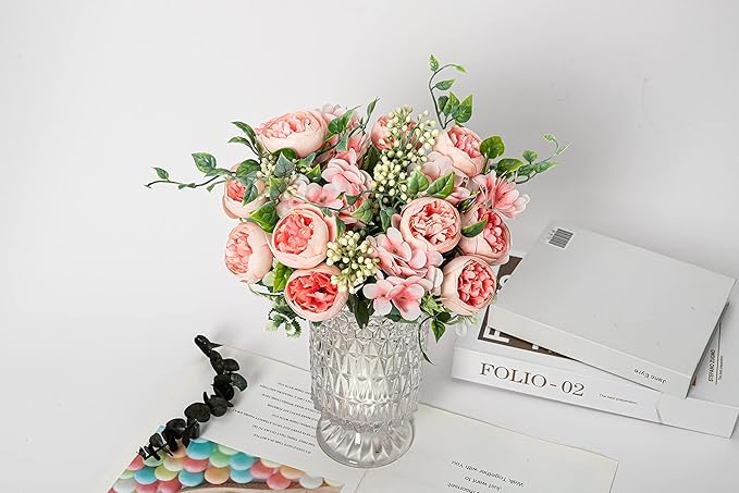 KAOYOO 4 PCS Artificial Peony Bouquet Short Stem for DIY Wedding Decoration Bridal Bouquet Home Decorations(Pink 4-PCS)