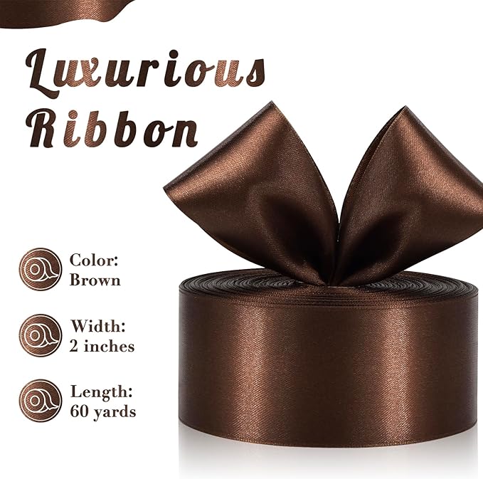 Brown Satin Ribbon 2 Inch 60 Yards, Brown Ribbons for Flower Bouquet, Wedding, Crafts, Gift Wrapping, Baby Shower, Christmas, Easter, Halloween