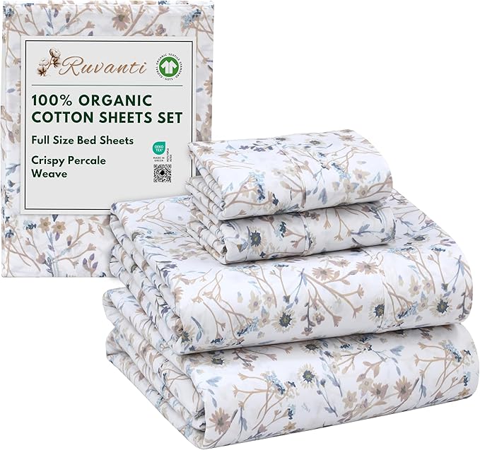 RUVANTI 100% Organic Cotton Sheets Full Size, Percale Weave, GOTS Certified, 4-Piece Set, Deep Pocket 15", Crisp & Breathable, Soft Durable Bedding, Sábanas Algodón Orgánico – Tranquil