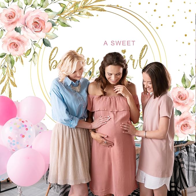 Mocsicka Floral Sweet Baby Girl Backdrop It's a Girl Baby Shower Background Watercolor Pink Floral Baby Shower Party Cake Table Decoration Photo Booth Props (8x6ft)