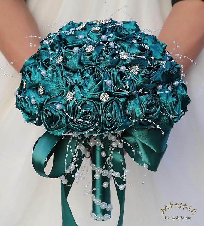 Bridal Wedding Bouquet Round Bling Brooch Bouquet Throw Toss Artificial Rose Flower Bunch for Bride Bridesmaid Wedding Quinceanera(Dark Green, 6.3")