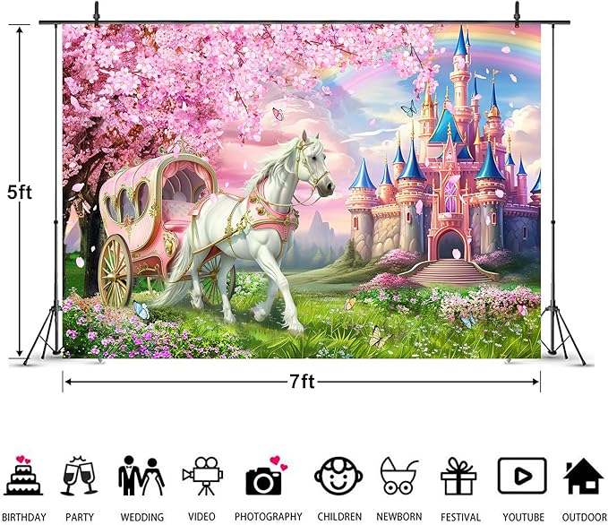 Riyidecor Princess Castle Backdrop Polyester Fabric Pink Sakura Rainbow Flowers Floral Fantasy Fairy Tale Wonderland 7Wx5H Feet White Horse Carriage Photography Background Birthday Photo Studio Shoot