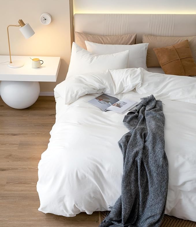 JIYUAN 100% Washed Cotton Duvet Cover Set 3 Pieces Cal King, 1 Duvet Cover 104x98 Inches(Comforter Not Included) and 2 Pillowcases,Linen Feel Bedding Set Comfy and Breathable,Bright White