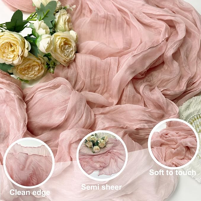 Booque Valley 3 Pack Dusty Pink Cheesecloth Table Runner 10ft Super Soft Boho Wrinkled Gauze Sheer Cloth for Baby Shower Baptism Birthday Party Wedding Centerpiece Table Decoration, 35x120 Inch