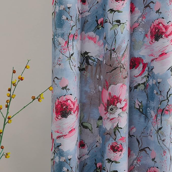 MYSKY HOME Vintage Curtains for Living Room, Floral Printed Thermal Insulated Drapes Panels with Grommet, 2 Panels, 52W x 95L Inch, Grey & Yellow