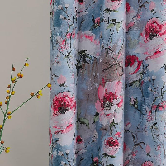 MYSKY HOME Vintage Curtains for Living Room, Floral Printed Thermal Insulated Drapes Panels with Grommet, 2 Panels, 52W x 95L Inch, Grey & Yellow
