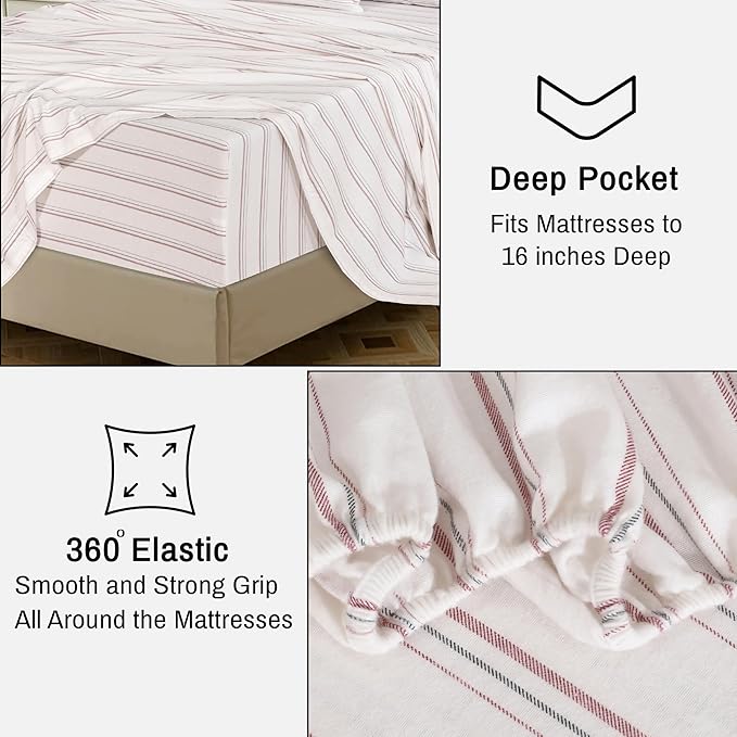 RUVANTI Flannel Sheets Full Size - 100% Cotton Double Brushed Bed Sheets Set, Deep Pockets 16 Inches, All Seasons Breathable & Extra Soft Full Sheets, Warm & Cozy, 4 Piece, Twill Stripe