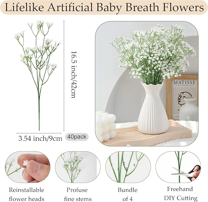 40Pcs Babys Breath Artificial Flowers, White Gypsophila Real Touch White Flowers Artificial Bulk, DIY Wedding Flower Bouquet, Fake Babies Breath Flowers Long Stems for Home Decor