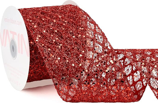 VATIN 4" Red Fall Ribbon, Red Glitter Mesh Diamond Web Sequin Dots Wired Christmas Ribbon for Gift Wrapping Bow Making Wreath Supply-10 Yards