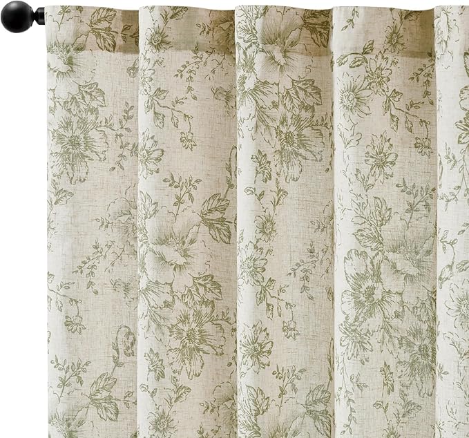 jinachan Linen Blend Floral Curtains for Living Room 96 Inch Length Christmas Sage Green Printed Curtain Rod Pocket Back Tab Farmhouse Peony Flower Patterned Drapes Bedroom Curtains Set 2 Panels