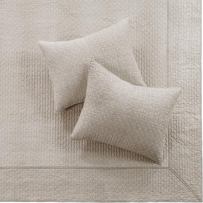 Levtex Home Cross Stitch Reversible Queen Bedspread Set (104x106in) with 2 Pillow Shams (26x20in) - Stitch Texture - Taupe - Cotton Queen Size Bedspread Set - Lightweight, Soft, Pre-Washed