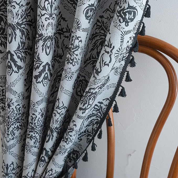 ENJOYBRIDAL Black Damask Curtains 96 Inches Long Semi Sheer Rod Pocket Drapes Bedroom Living Room 2 Panels Long Window Curtain Panels Boho Jacquard Medallion Pattern Light Filtering Window Treatments