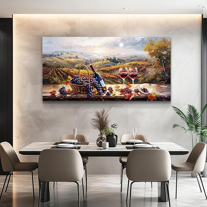 hyidecorart Rustic Wine Large Canvas Wall Art Dining Room Kitchen Still Life Painting Vintage Farmhouse Restaurant Decoration Colorful Artwork Prints for Bar Living Room Posters Landscape Wall Decor