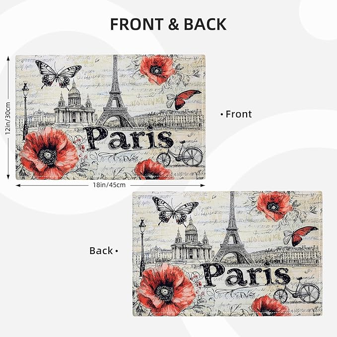 Paris Placemats Set of 6, French Eiffel Tower Place Mats, Poppies Dining Table Mats, Retro Washable Placemats for Kitchen Dining Room Home Decor 18L'' × 12W''