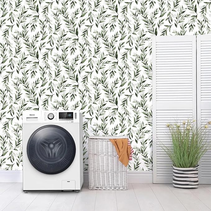 Erfoni Green Leaf Wallpaper Floral Peel and Stick Wallpaper 17.7inch x 196.8inch Greenery Leaves Self Adhesive Contact Paper Peel and Stick Olive Botanical Flowers Wall Paper for Bedroom Decor Vinyl