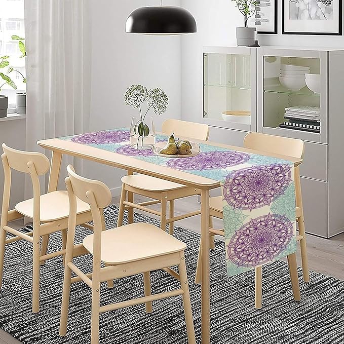 Boho Mandala Table Runner, Purple Blue Bohemian Floral Table Decor Runner for Kitchen Dining Indoor Outdoor Party Decoration, 13x36 Inch