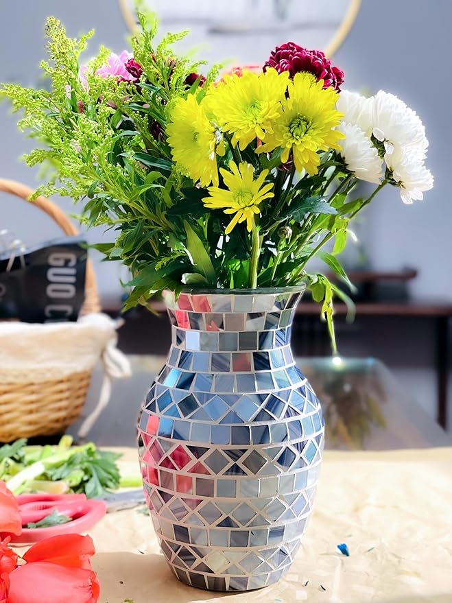 8" H Gray Blue Mosaic Vase.Exquisite Craftsmanship.Decor Home Modern Midsize All Handmade Mosaic Vases .Beautiful Glass Vase for Home&Office Decor.Unique Gift