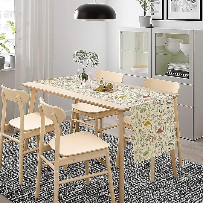 Mushroom Table Runner, Boho Floral Rustic Wildflower Herbs Plants Colorful Botanical Green Leaves Table Runner for Home Party Indoor Outdoor Decor Kitchen Dining Table, 13x108inch