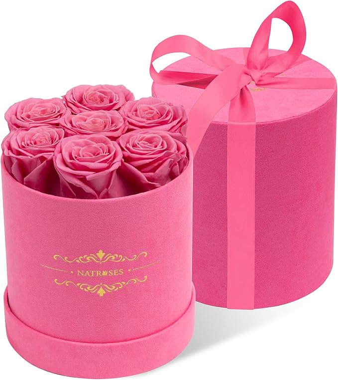 NATROSES 7 Piece Preserved Roses in a Box, Preserved Flowers for Birthday, Flower Gifts for Mothers Day (Pink)