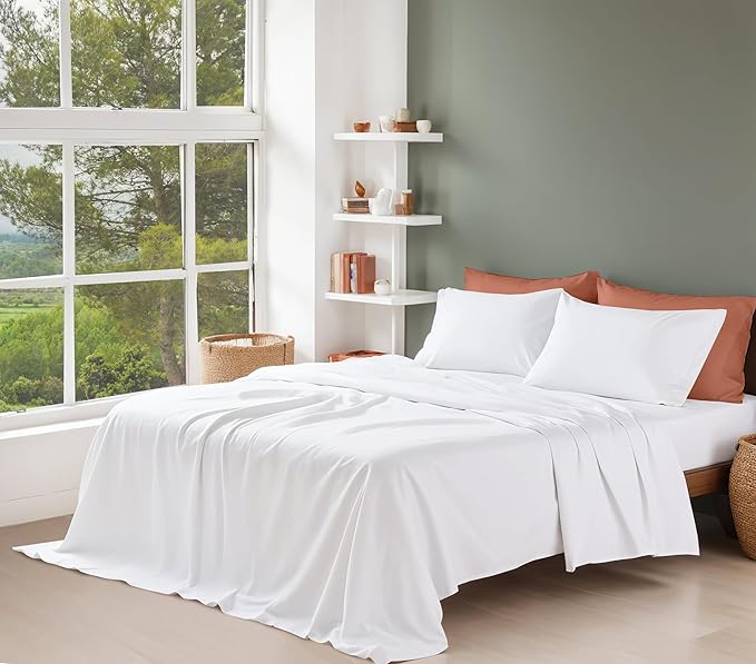 RUVANTI 100% Organic Cotton Sheets Split King, Percale Weave, GOTS Certified, 5-Piece Set, Deep Pocket 15", Crisp & Breathable, Soft Durable Bedding, Sábanas Algodón Orgánico – Bright White