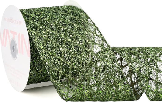 VATIN 4" Moss Green Christmas Ribbon, Green Glitter Mesh Diamond Web Sequin Dots Wired Christmas Ribbon for Gift Wrapping Bow Making Wreath Supply-10 Yards