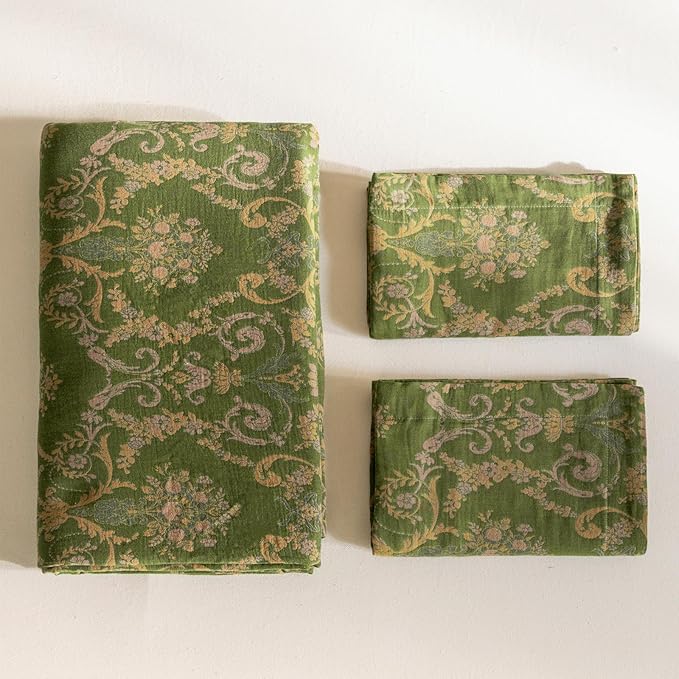 VM VOUGEMARKET Olive Green Duvet Cover Set King,Reversible Medallion Flower Print Bedding Set Linen Cotton Yarn-Dyed Textured Bohemian Duvet Cover with Zipper Closure