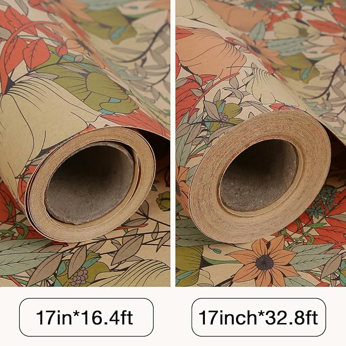 Aimyoo Kraft Floral Wrapping Paper Roll - Mini Roll - 17 Inch x 16.4 Feet - All Occasion Vintage Flower Gift Wrap Paper for Mother's Day Wedding Birthday Bridal Shower