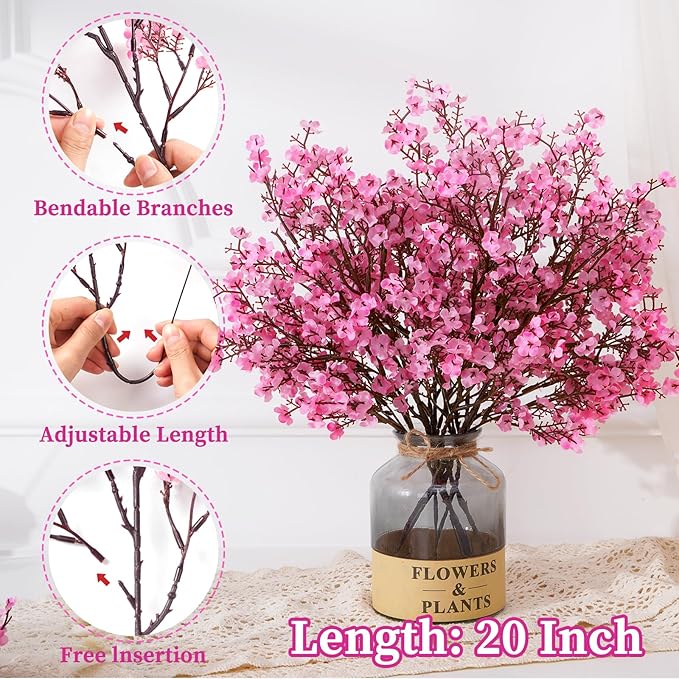 Yastouay Pink Fake Flowers Artificial Flowers, 5 Pcs Real Touch Silk Flowers Faux Artificial Flowers for Decorations, Babys Breath Artificial Flowers Bulk for Spring Decor Floral Arrangement