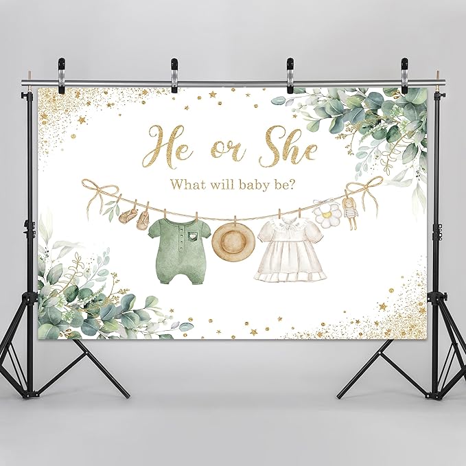Riyidecor Sage Green Gender Reveal Backdrop Polyester Fabric He or She What Will Baby Be 5Wx3H Feet Boho Eucalyptus Watercolor Leaves Gold Dots Photography Background Baby Shower Photo Studio Shoot