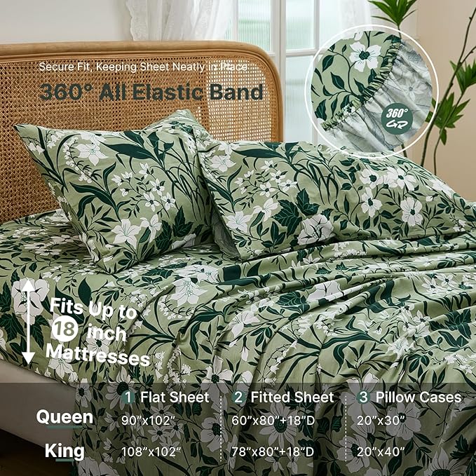 100% Cotton Sheet Set Queen Size – 4-Piece Luxury Forest Green Floral Bedding, Soft Breathable Percale Weave, Deep Pocket Fitted Sheet 17.5", Crisp Cool Feel, Refined Botanical Elegance