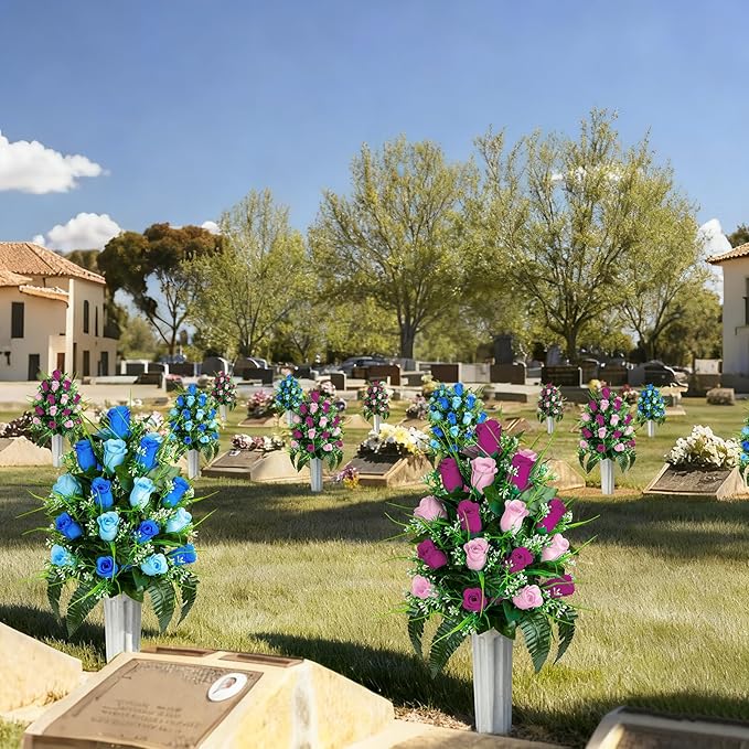 Artificial Cemetery Flowers - Set of 2 Grave Memorial Rose Flowers with Vase for Cemetery Headstones Gravesites Decoration (Purple & Pink)