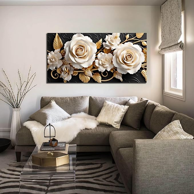 Flower Large Canvas Wall Art for Living Room Bedroom Home Office White and Gold Wall Art Blossom Picture Framed Wall Decor Modern Canvas Prints 24x48 In
