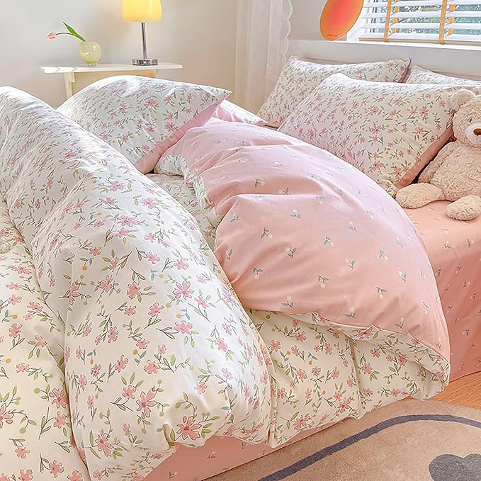EAVD Vintage Style Garden Pink Floral Duvet Cover Queen White Soft 100% Cotton Small Cute Floral Bedding Set with 2 Pillowcases Chic Shabby Floral Botanical Duvet Cover with Zipper Closure