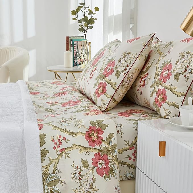 Brandream Floral Bedding Chinoiserie Blossom Farmhouse Sheets Set Queen Size Luxury Grandmillennial Bedding Decor 100% Egyptian Cotton Deep Pocket, 4Pieces Botanical Tree Branches Ornamental Drawing