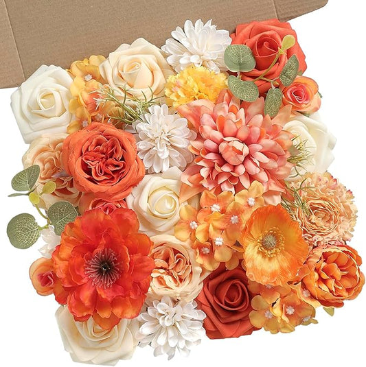 Orange Artificial Flowers Combo Set Fake Flower Leaf Box with Stemst for DIY Wedding Bridal Bouquet, Centerpieces, Home Decor, Floral Arrangement Decor