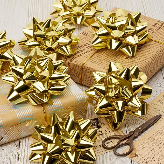 CHOIEO 15 Pcs Gift Bows Assortment, Decor for Christmas, Birthdays, Weddings, Holiday Embellishments, Presents, Wrapping Paper, Anniversaries, Baby Showers, Bridal Showers, Hanukkah (Gold)