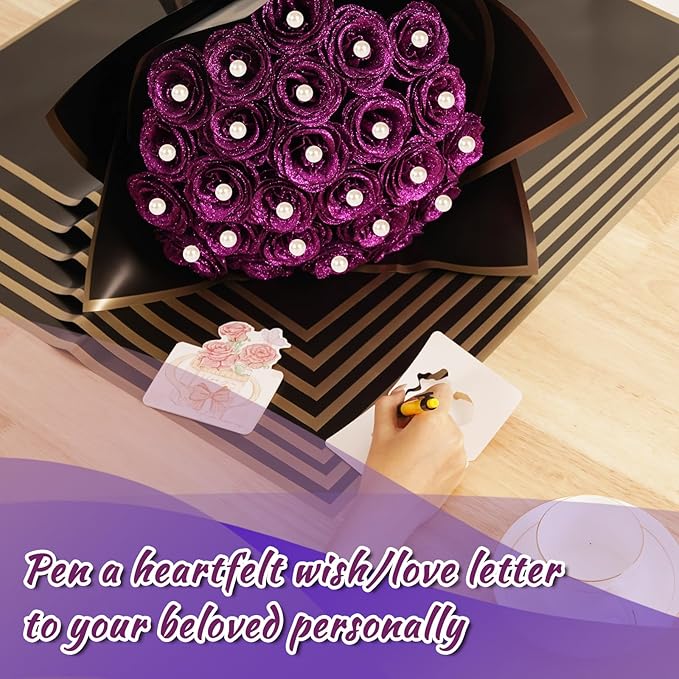 DIY Glitter Roses Bouquet, Valentine's Day Everlasting Shiny Artificial Bouquet, Purple Faux Flowers with Stem Pearl Crown for Graduation Gifts Wedding Anniversary Engagement Day Birthday,25 Pcs
