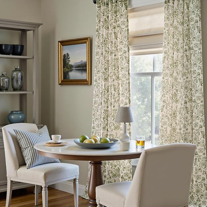 jinchan Linen Floral Curtains for Living Room with Printed Flower 96 Inches Long Light Filtering Farmhouse Window Treatment Vintage Drapes Back Tab Rod Pocket 2 Panels Green on Beige
