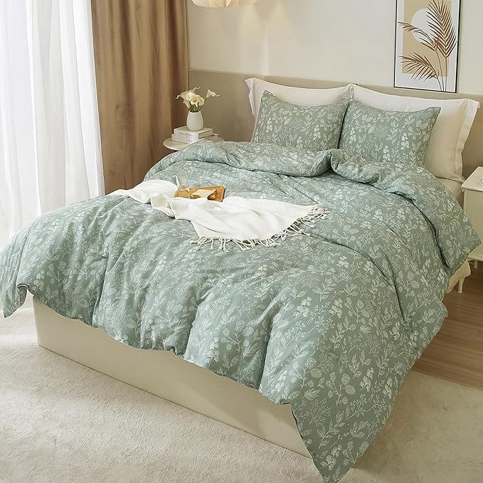 HighBuy Queen Comforter Set Sage Green Floral Boho Comforter Set Kawaii Toddler Bedding Set Queen Size Soft Bedding for Women Girls Comforters Queen Bed Set 3 Piece,1 Comforter and 2 Pillowcases