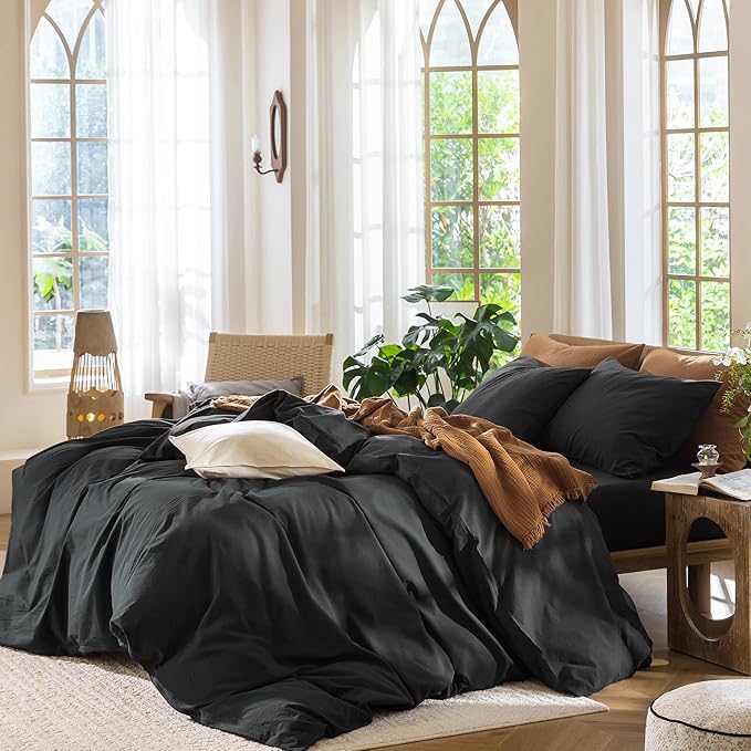 MooMee Bedding Duvet Cover Set 100% Washed Cotton Linen Like Textured Breathable Durable Soft Comfy (Solid Black, Cal King 104"x98")